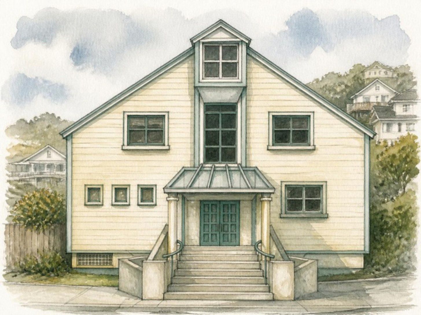 Watercolour of our cream weatherboard building at 95 Webb Street: a steep gabled roof, a tall central window above the porch, and wide front steps.